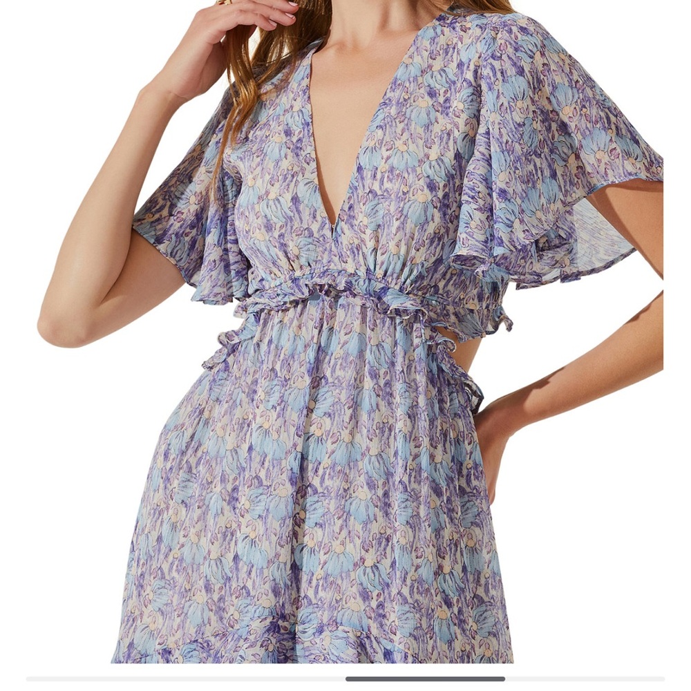 Astr Purple Blue Floral -  Cherli Ruffled Lace-Up Cutout-Back Maxi Dress